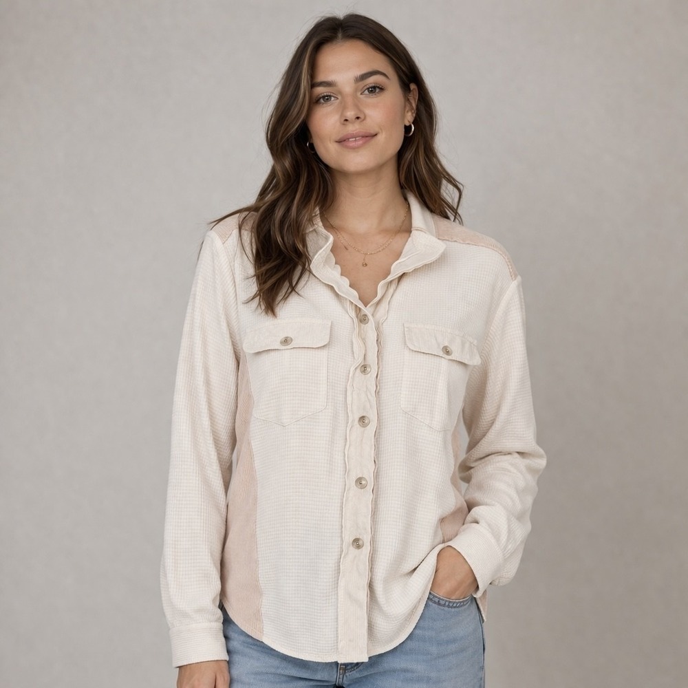 Shirt Womens Small White Waffle Knit Button Front Long Sleeve Top Basic